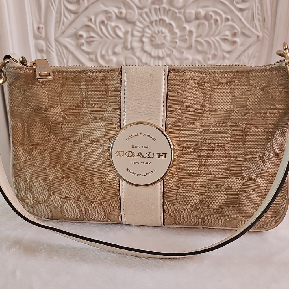 Coach Signature Crossbody in Beige and Cream with Gold Accent
